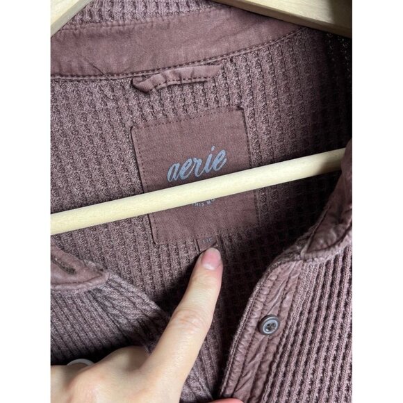 Aerie Waffle Knit Thermal Button Down Shirt Shacket Mauve Brown Large Women’s - Picture 3 of 6